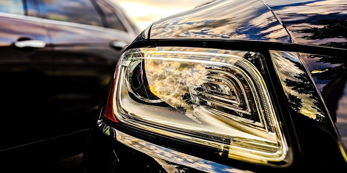 The right headlight of a car